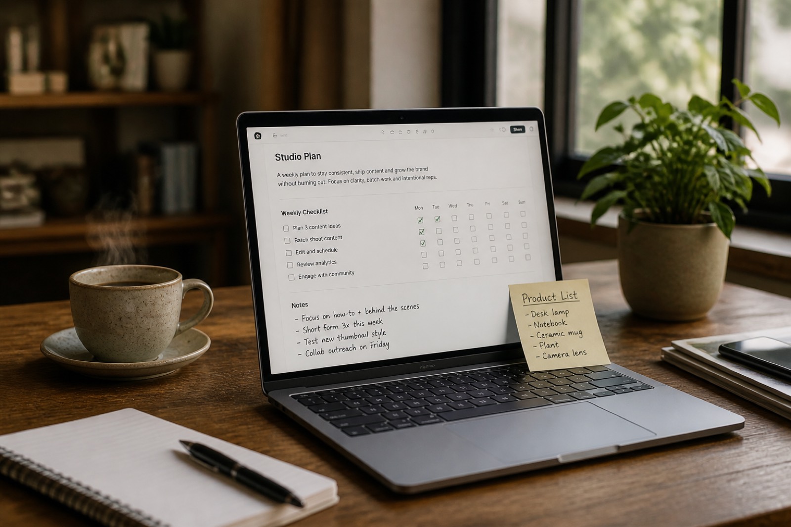 Desk with a laptop checklist and handwritten page plan